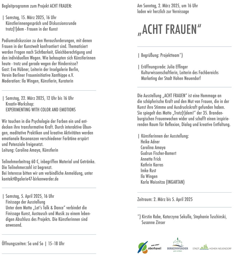 „ACHT FRAUEN“ – Ausstellung und Veranstaltungen, Hohen Neuendorf „ACHT FRAUEN“ – Ausstellung und Veranstaltungen, Hohen Neuendorf